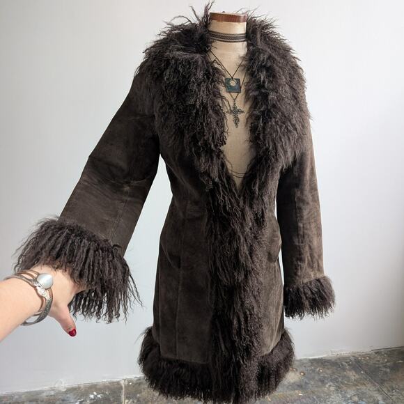 Vintage Brown Suede Penny Lane Jacket Fur Shag Leather Groovy Trench Coat Medium - Picture 6 of 14